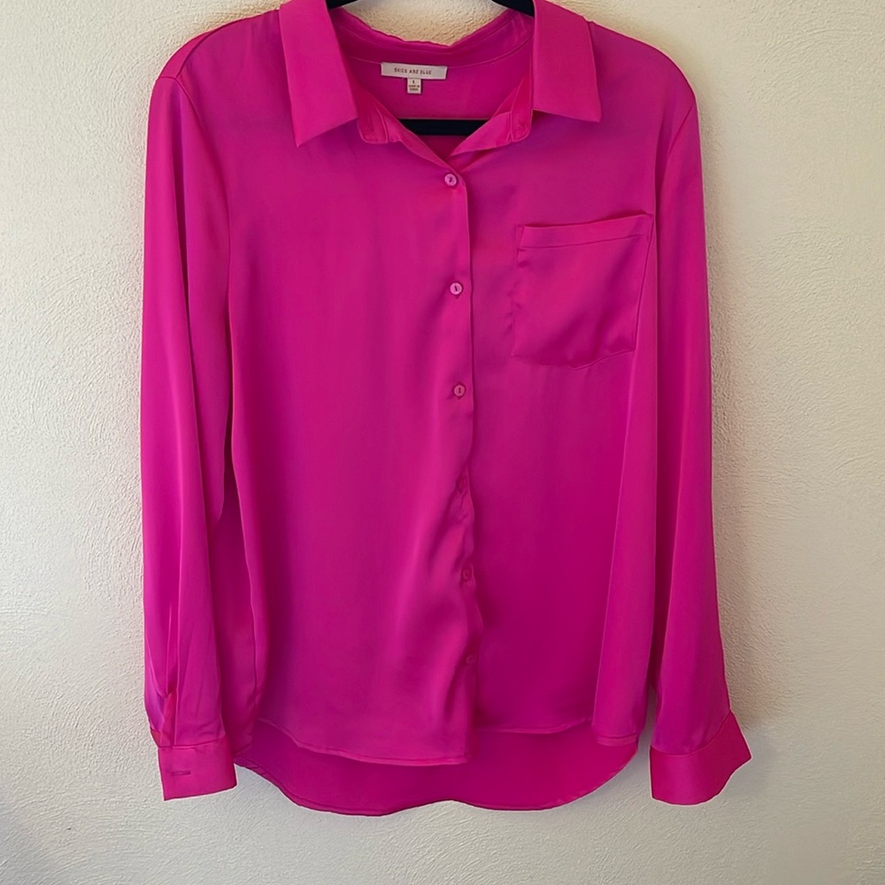 Skies are blue hot pink satin button down